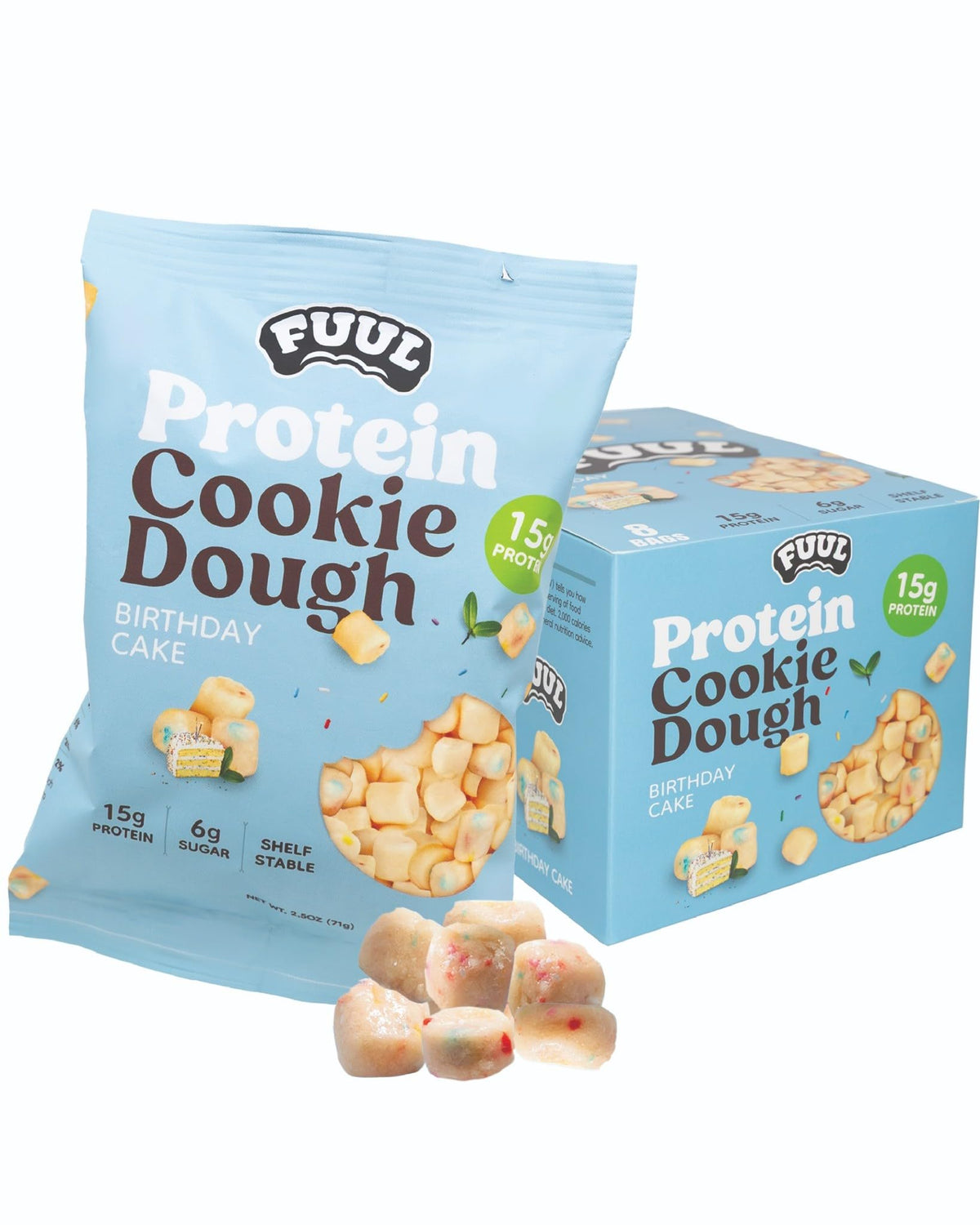 FUUL Protein Cookie Dough Birthday Cake — 15g Protein, 6g Sugar, Shelf-Stable (Pack of 8)