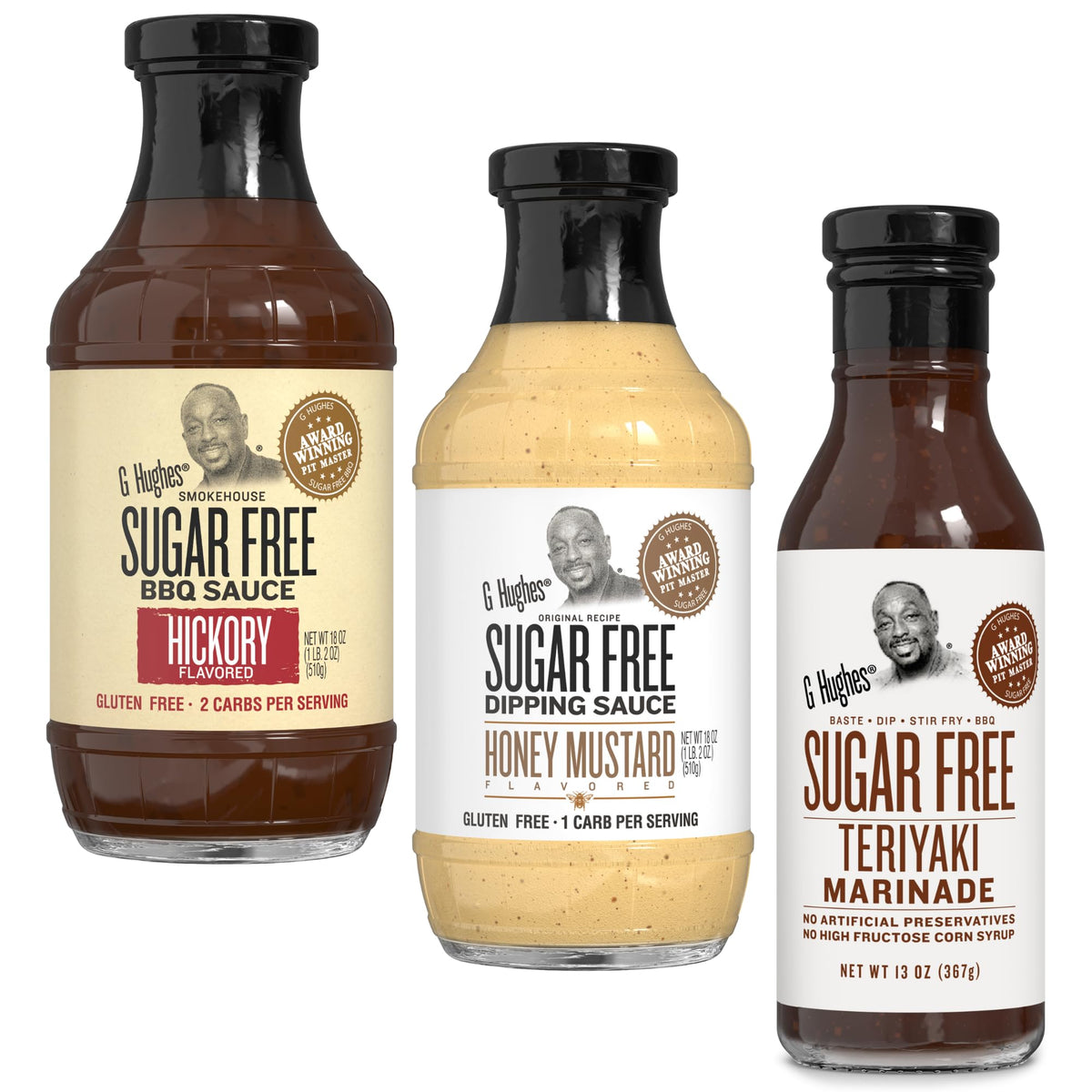 G Hughes Sugar Free BBQ Sauces 3-Pack: Hickory, Honey Mustard & Teriyaki