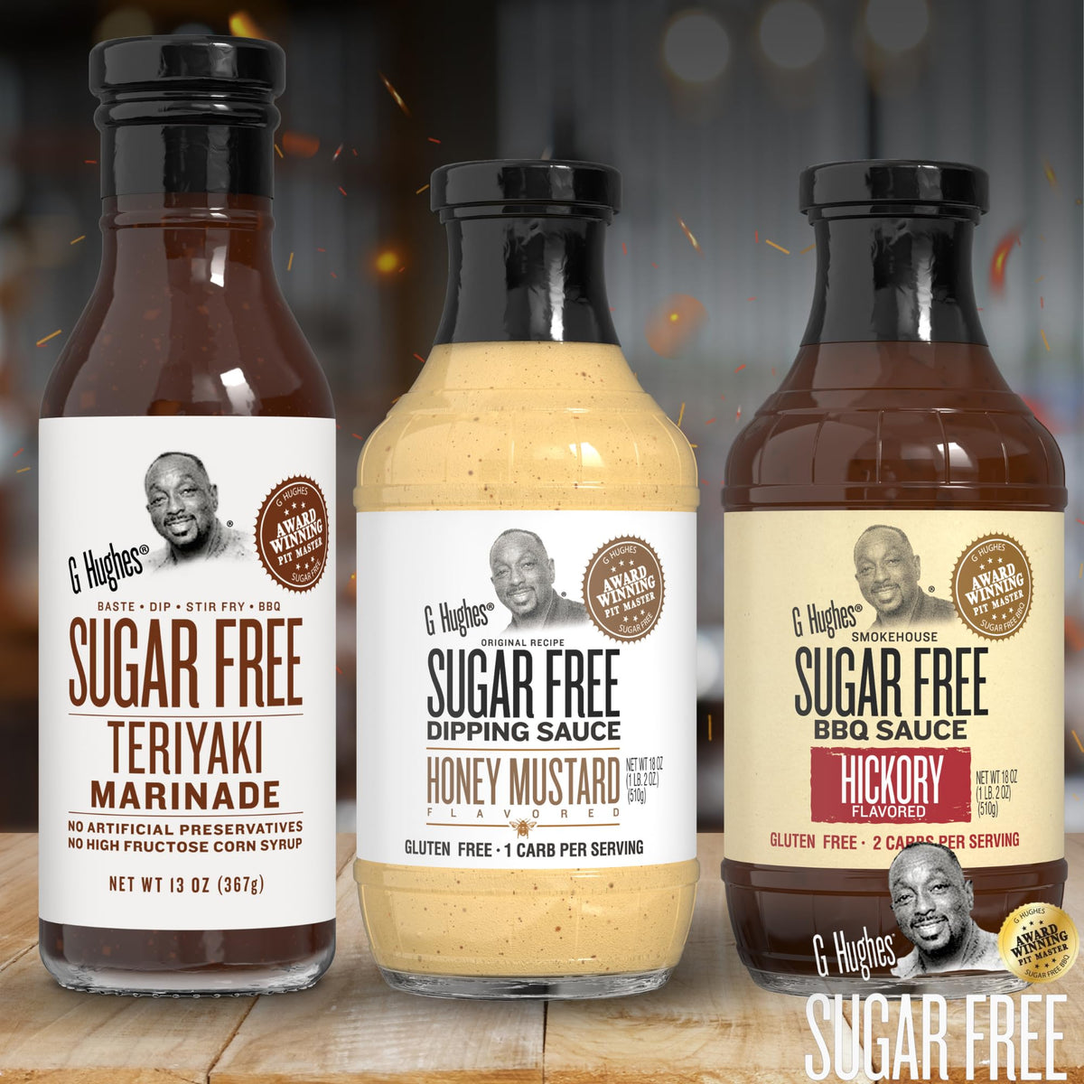 G Hughes Sugar Free BBQ Sauces 3-Pack: Hickory, Honey Mustard & Teriyaki