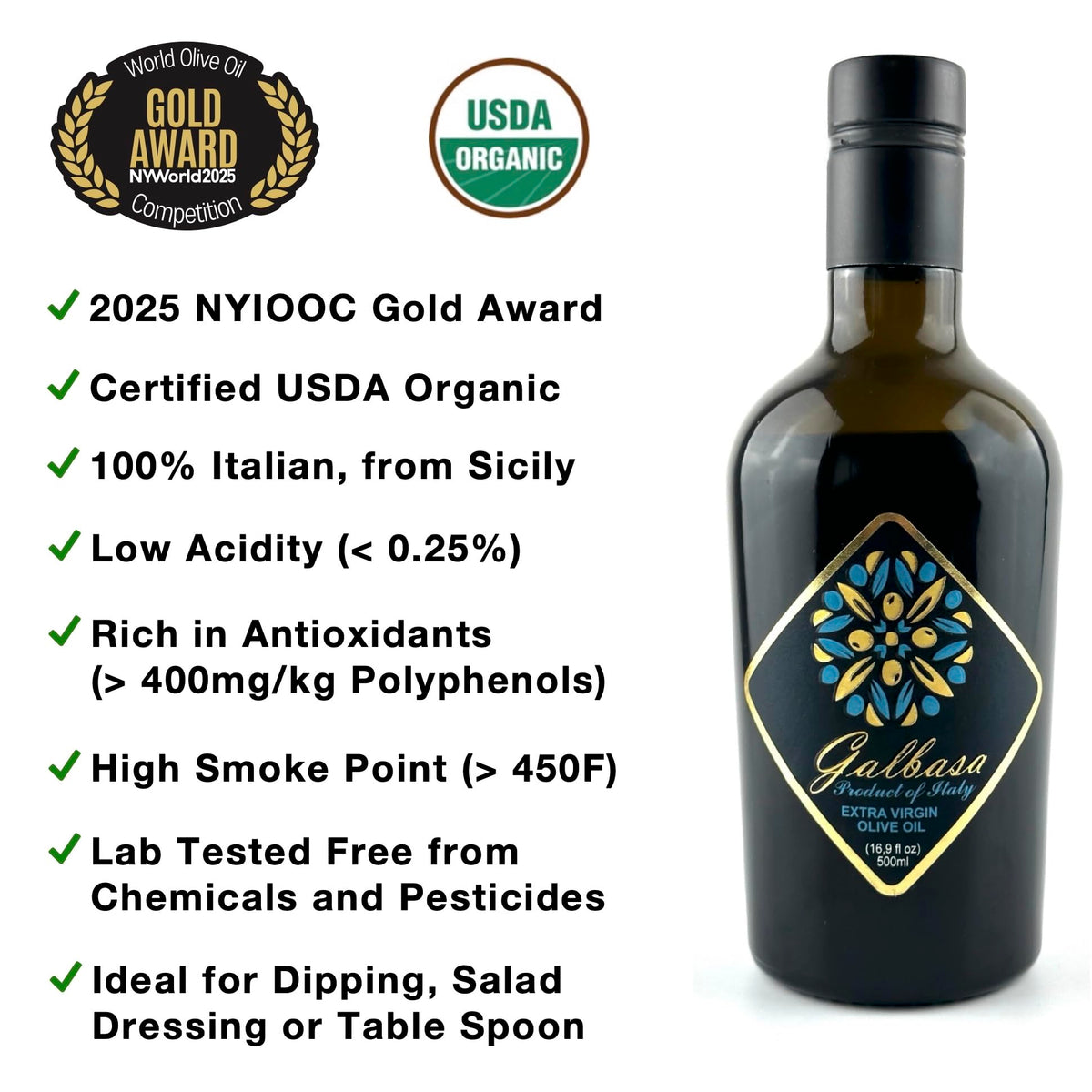 Galbasa Organic Olive Oil – Sicilian Extra Virgin, First Cold Pressed