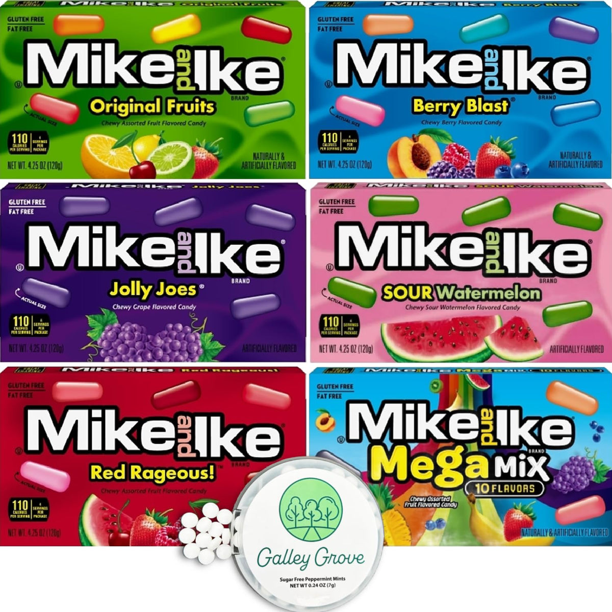 Galley Grove Mike Ike 4.25 oz Theater Box Variety Bulk (6-Pack) – Jolly Joe’s, Red Rageous, Berry Blast, Sour Watermelon, Original Fruit, Mega Mix + Sugar-Free Peppermint Mints