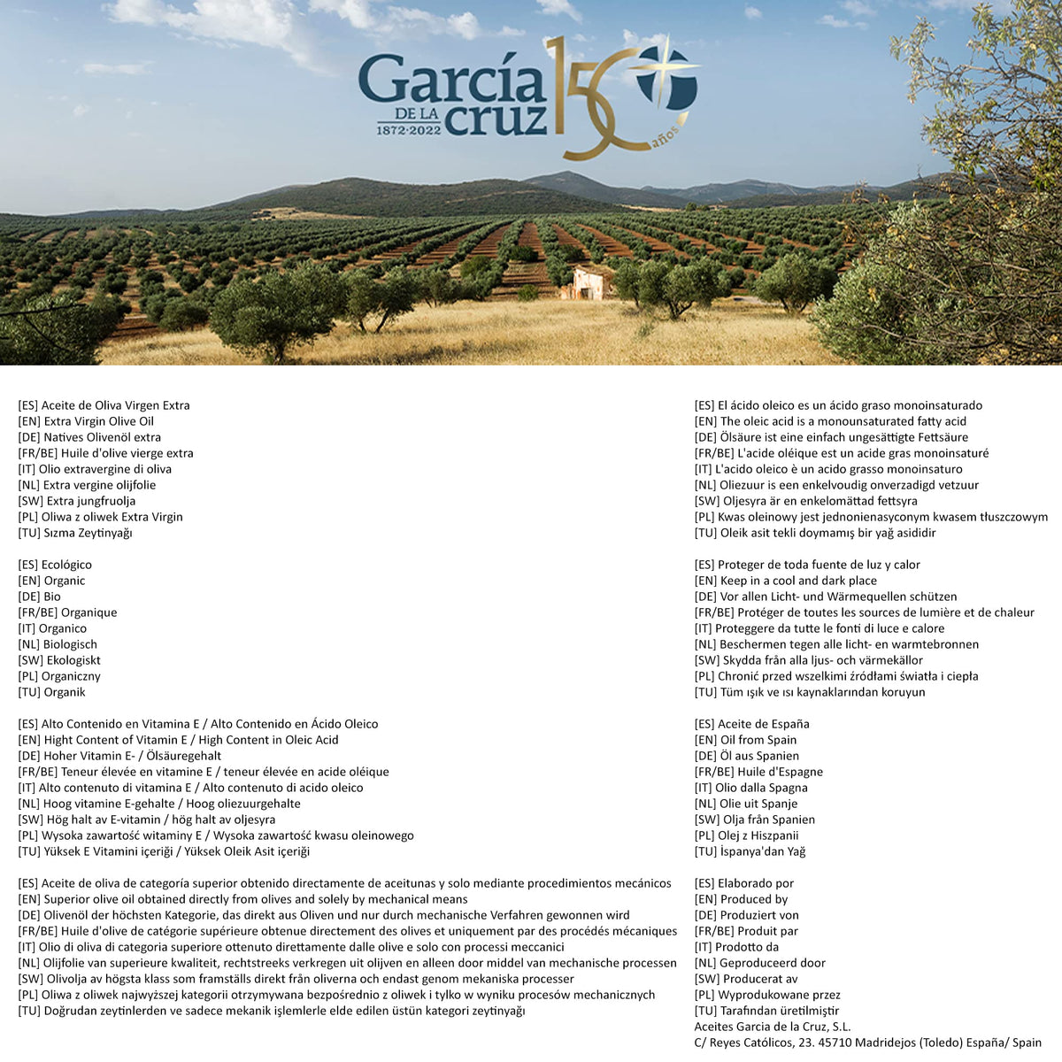 García de la Cruz 1872 Organic Extra Virgin Olive Oil – 3L Tin, Montes de Toledo, Spain