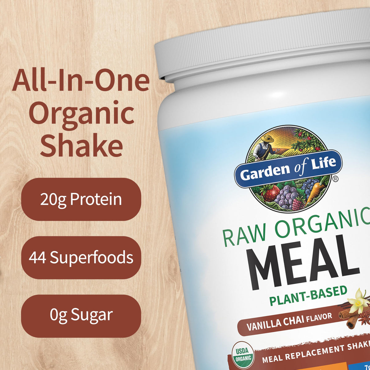 Garden of Life Raw Organic Meal Replacement Shakes – Vanilla Chai, Plant-Based Pea Protein, 28 Servings