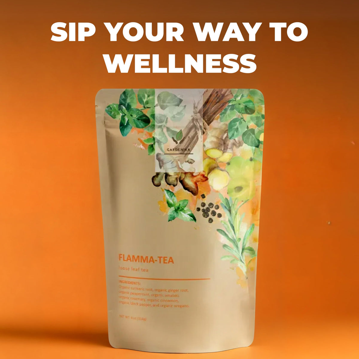 Gardenika Organic Flamma-tea: Loose Leaf Turmeric Ginger Tea with Cinnamon & Pepper | Caffeine-Free 1 lb