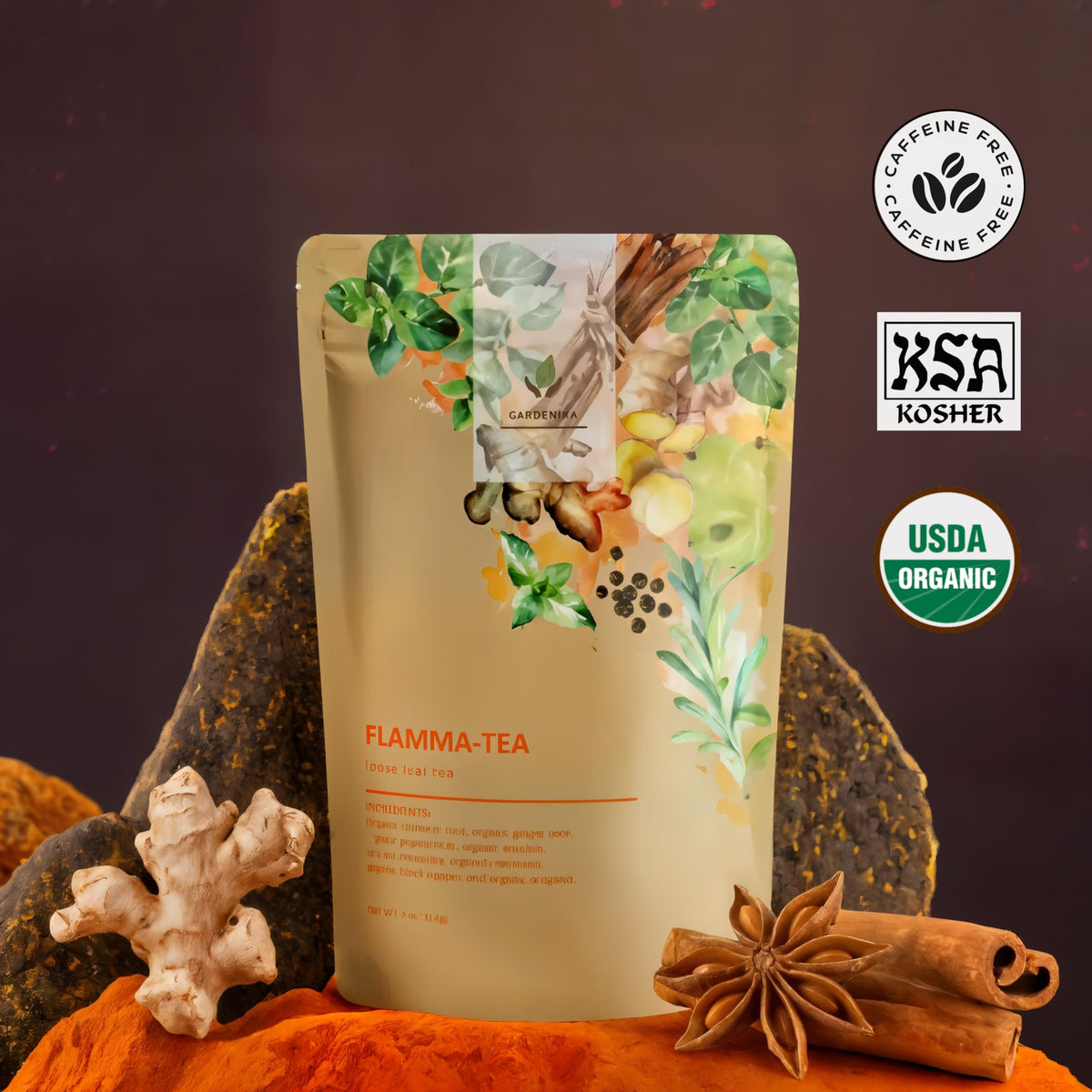 Gardenika Organic Flamma-tea: Loose Leaf Turmeric Ginger Tea with Cinnamon & Pepper | Caffeine-Free 1 lb