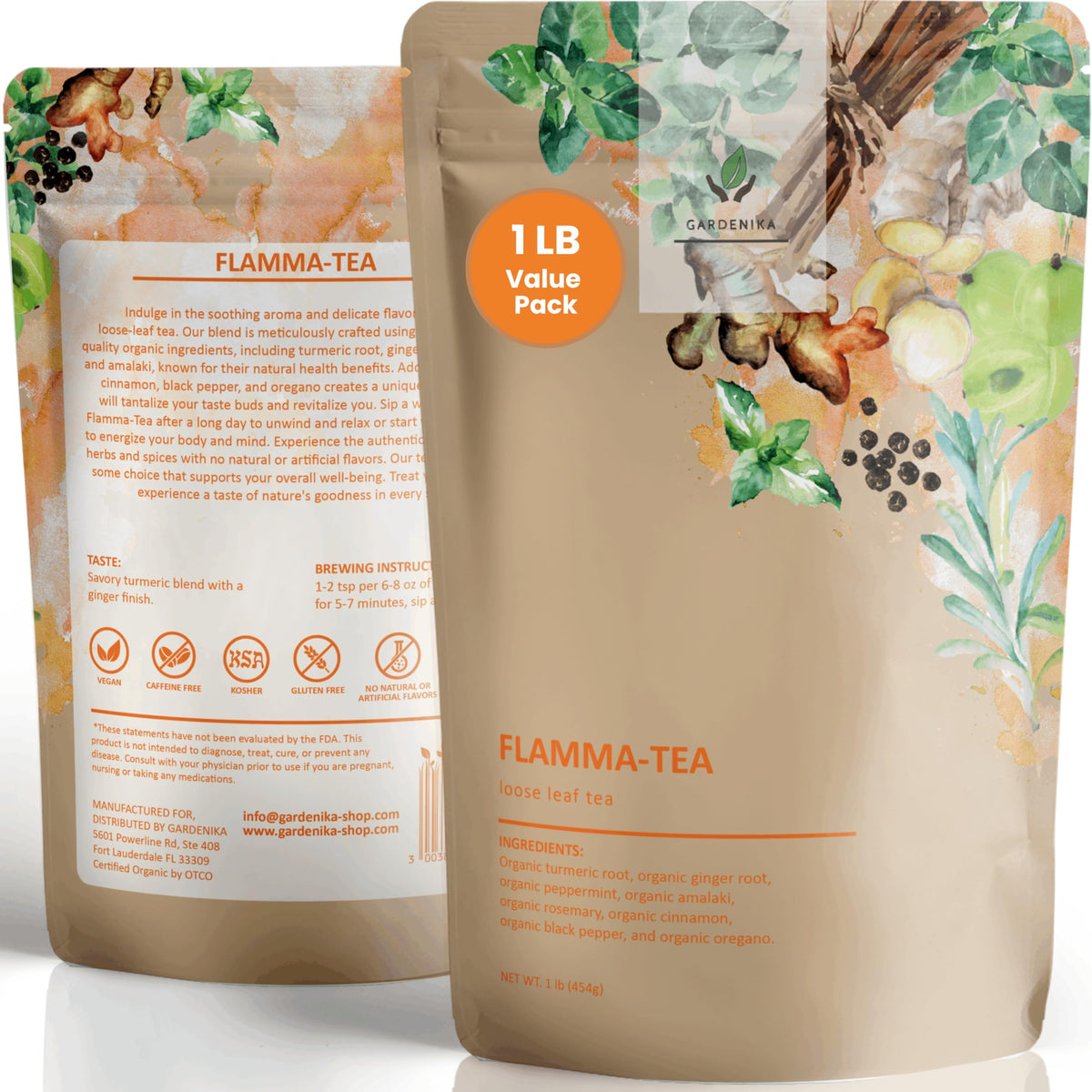 Gardenika Organic Flamma-tea: Loose Leaf Turmeric Ginger Tea with Cinnamon & Pepper | Caffeine-Free 1 lb
