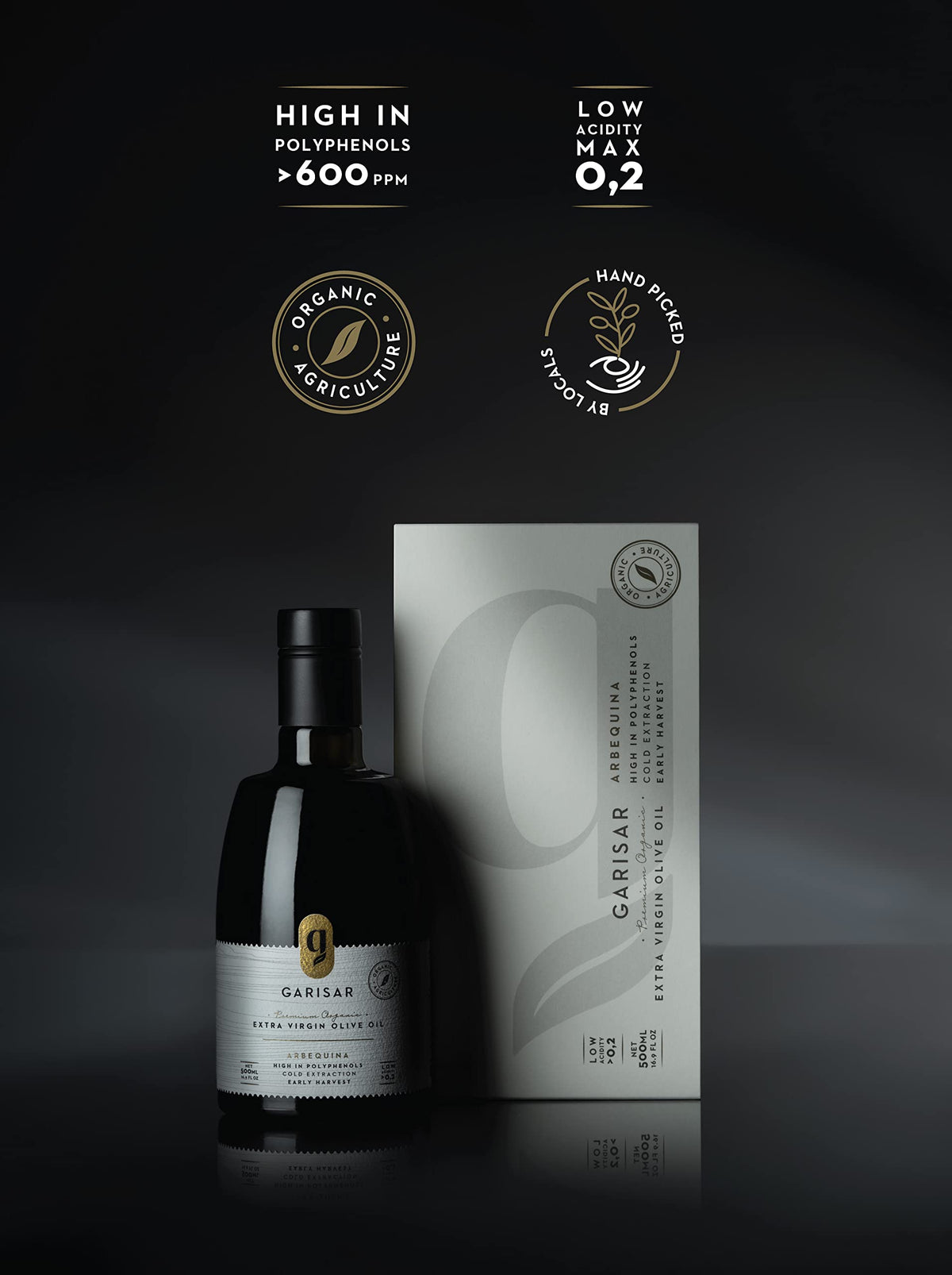 GARISAR High Polyphenol Premium Extra Virgin Olive Oil | Organic Arbequina, Early Harvest, Cold-Pressed | 0.2% Acidity | NYIOOC 2025 Gold Medal