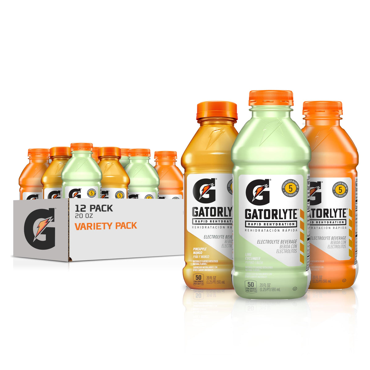 Gatorlyte Rapid Rehydration Electrolyte Drink — 12 Bottles, 3 Flavor Variety Pack, 5 Electrolytes, Low Sugar