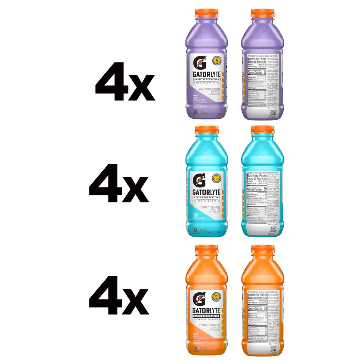 Gatorlyte Rapid Rehydration Electrolyte Drink — 12 Pack, 20 oz Bottles, 3 Flavor Variety (Mixed Berry, Glacier Freeze, Orange) • 5 Electrolytes • Lower Sugar • No Artificial Additives