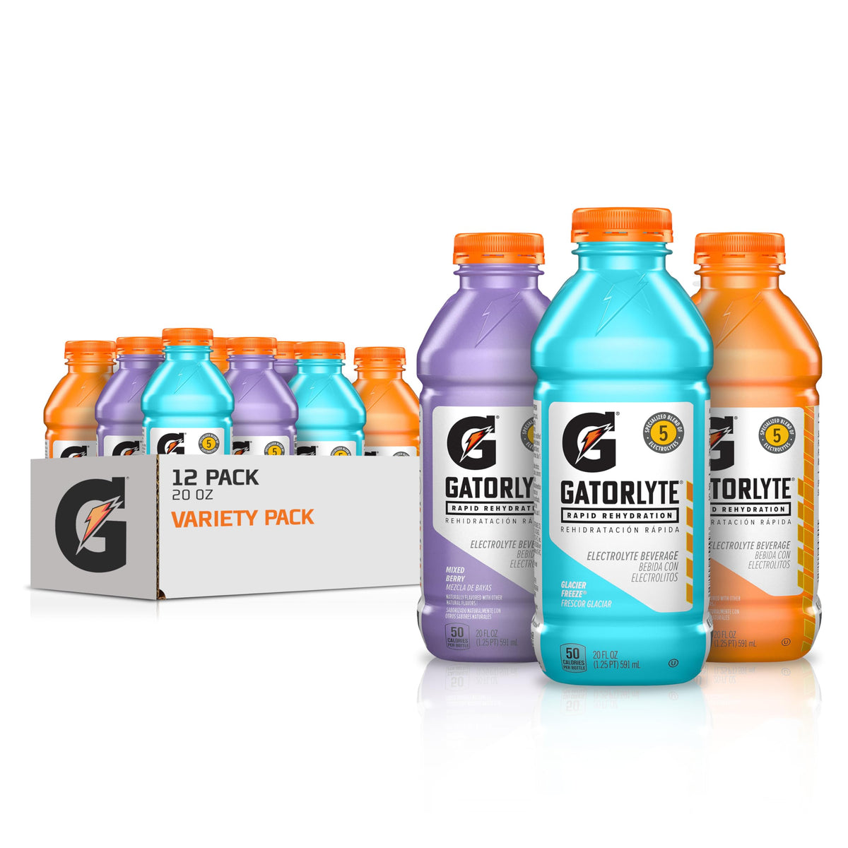 Gatorlyte Rapid Rehydration Electrolyte Drink — 12 Pack, 20 oz Bottles, 3 Flavor Variety (Mixed Berry, Glacier Freeze, Orange) • 5 Electrolytes • Lower Sugar • No Artificial Additives