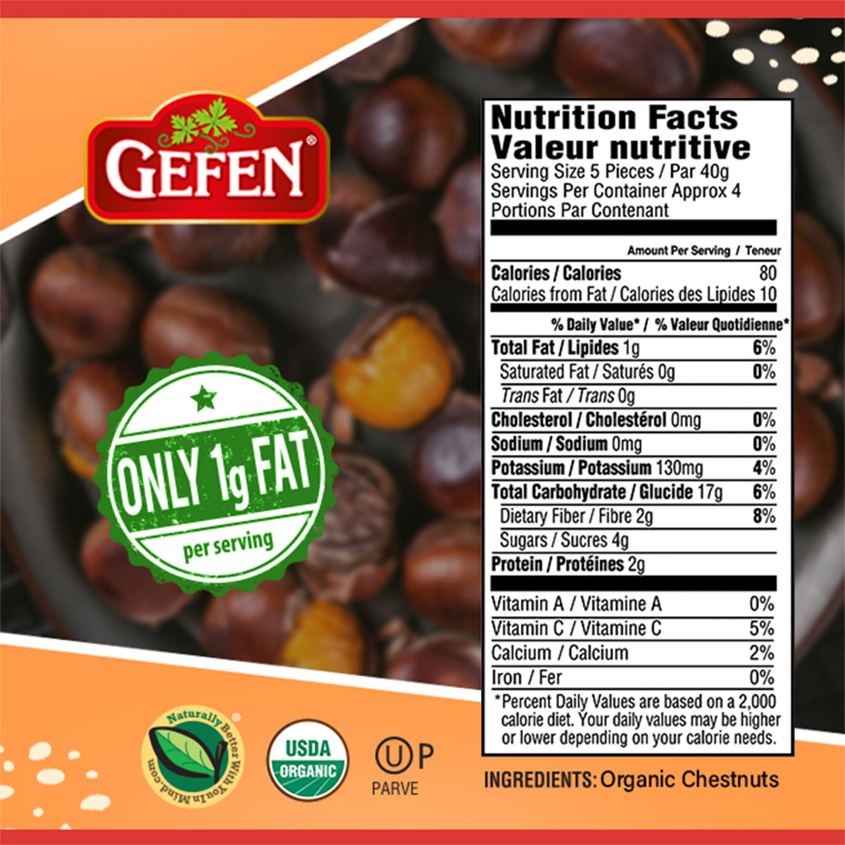 Gefen Organic Roasted & Peeled Chestnuts – 5.2oz, 12 Pack | Gluten Free & Kosher