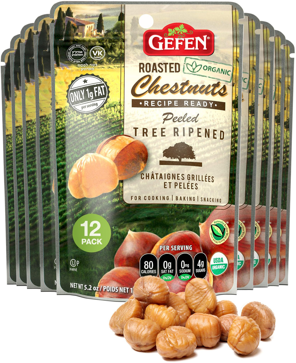Gefen Organic Roasted & Peeled Chestnuts – 5.2oz, 12 Pack | Gluten Free & Kosher