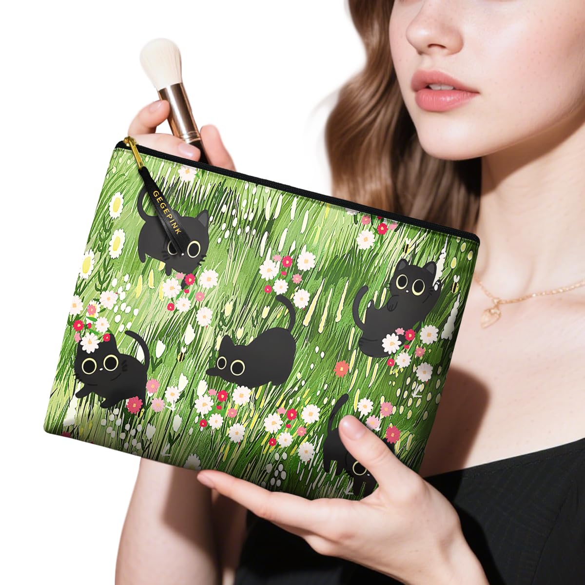 GEGEPINK Cute Makeup Bag for Purse Waterproof Cosmetic Bags for Women Funny Smooth Zipper Travel Toiletry Pouch 10X8 Inches-Black Cat Floral Makeup pouch