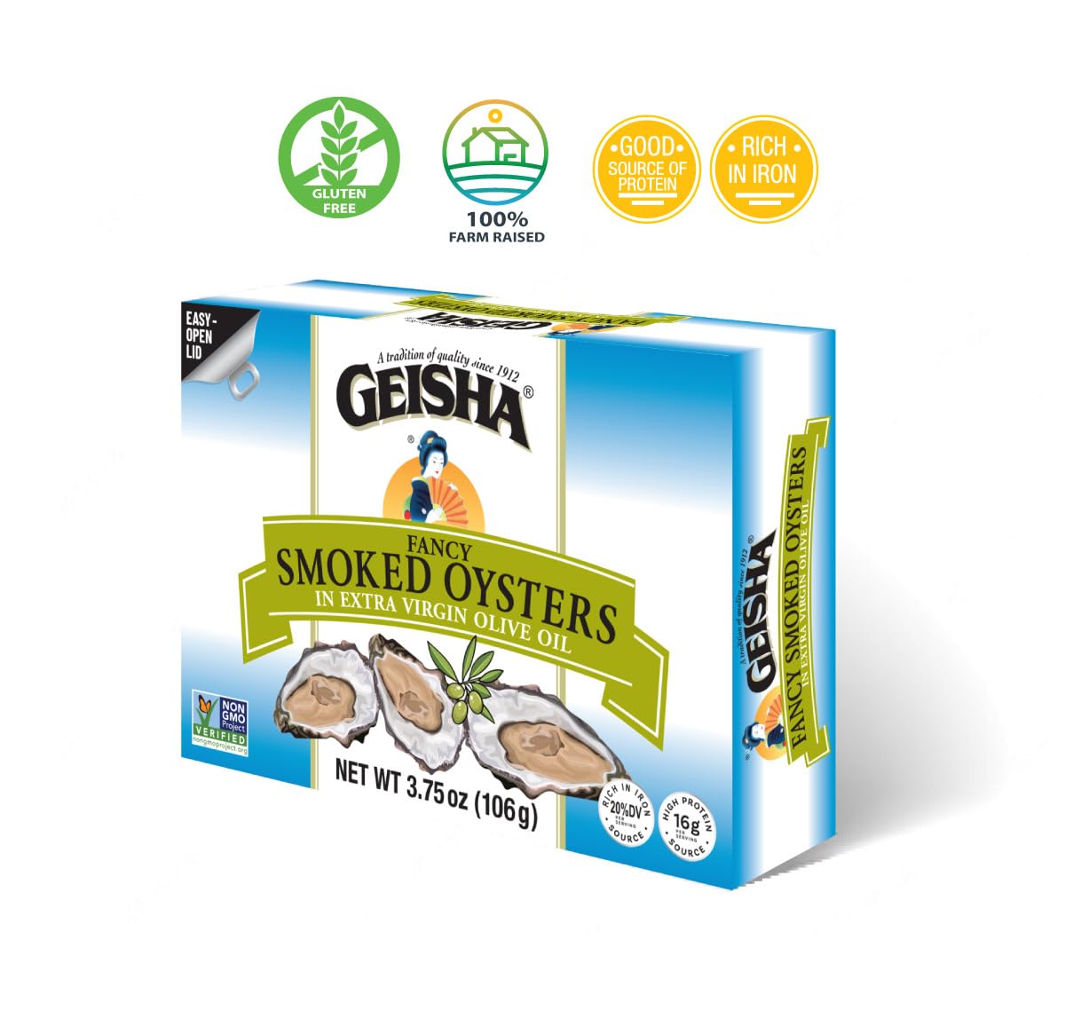 GEISHA Smoked Oysters in Extra Virgin Olive Oil – 3.75oz Can, 12-Pack | Gluten Free, Non-GMO