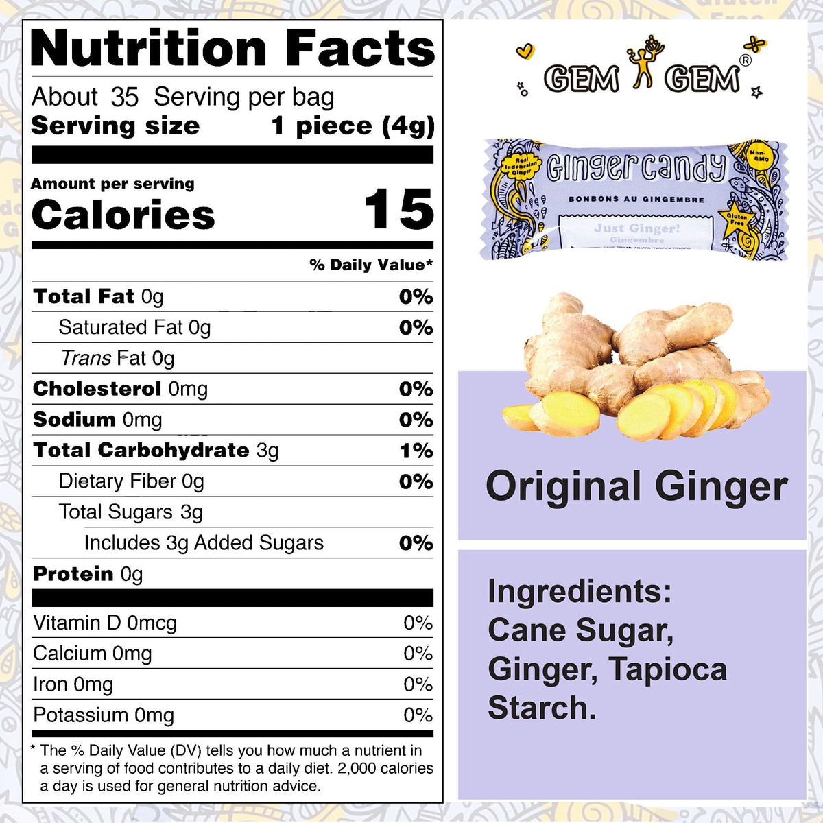 Gem Gem Ginger Candy Chewy Ginger Chews (Original) – 5.0 oz, Pack of 6 | Vegan, Gluten-Free
