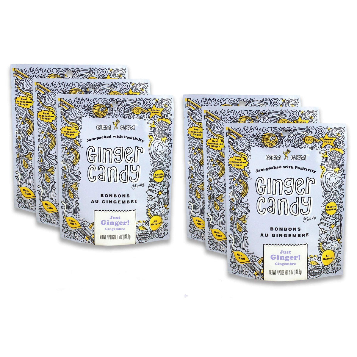 Gem Gem Ginger Candy Chewy Ginger Chews (Original) – 5.0 oz, Pack of 6 | Vegan, Gluten-Free