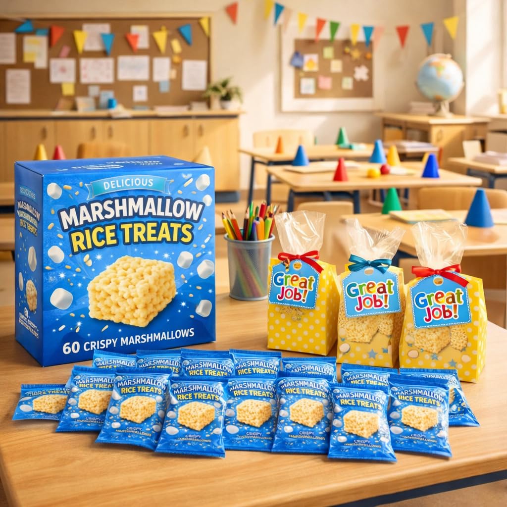 Marshmallow Rice Crispy Treats – 60 Count, Individually Wrapped Party Snacks