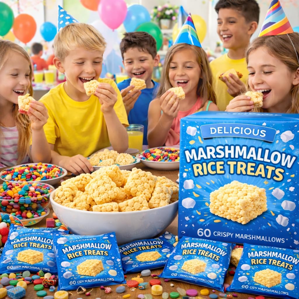 Marshmallow Rice Crispy Treats – 60 Count, Individually Wrapped Party Snacks