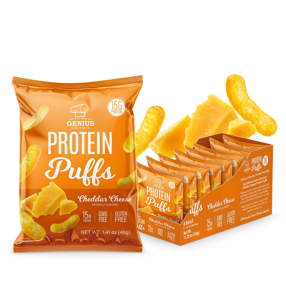 Genius Gourmet Protein Puffs – Cheddar Cheese, 8 Ct | High-Protein, Gluten Free Snack