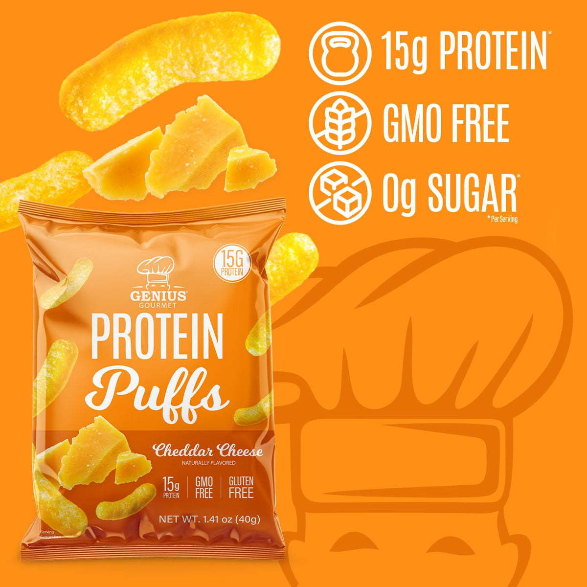 Genius Gourmet Protein Puffs – Cheddar Cheese, 8 Ct | High-Protein, Gluten Free Snack