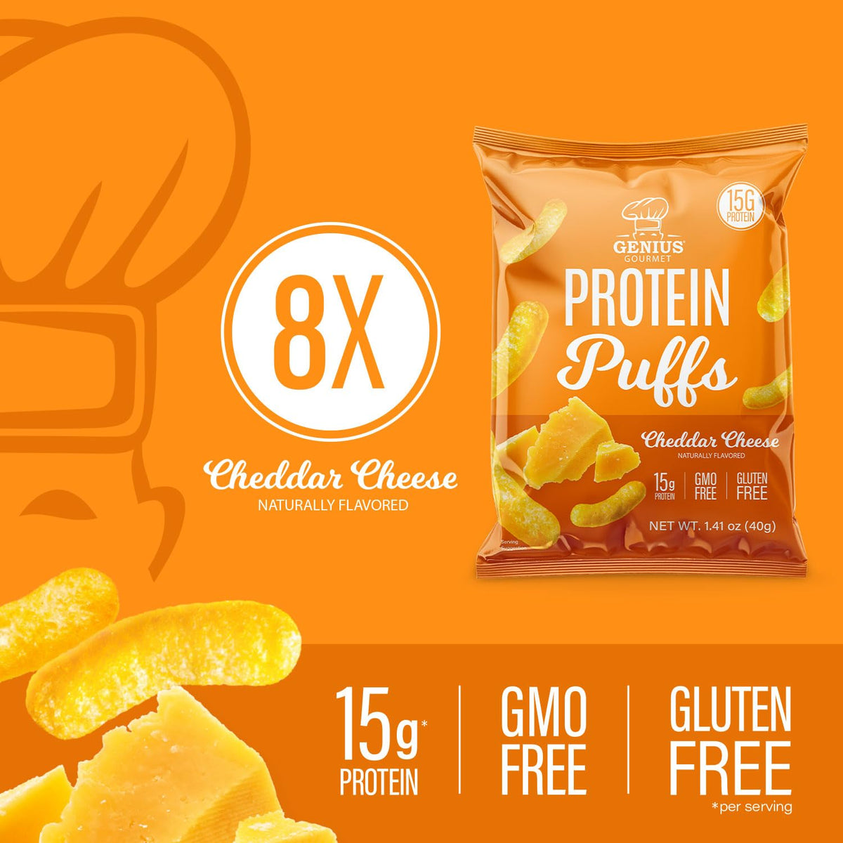 Genius Gourmet Protein Puffs – Cheddar Cheese, 8 Ct | High-Protein, Gluten Free Snack