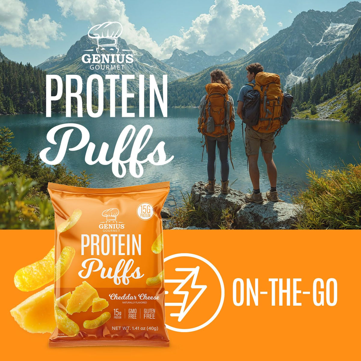 Genius Gourmet Protein Puffs – Cheddar Cheese, 8 Ct | High-Protein, Gluten Free Snack