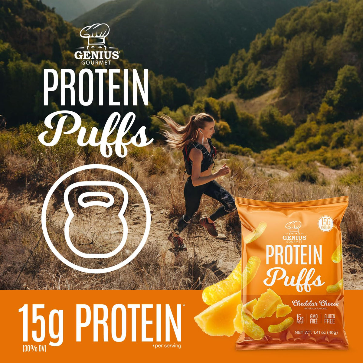 Genius Gourmet Protein Puffs – Cheddar Cheese, 8 Ct | High-Protein, Gluten Free Snack