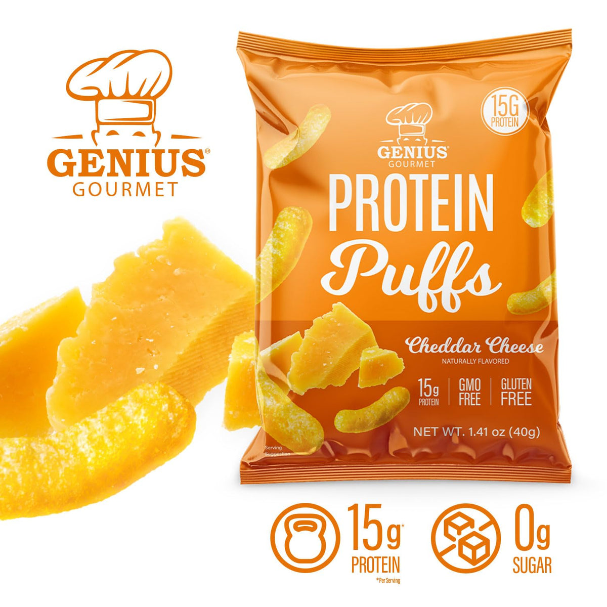 Genius Gourmet Protein Puffs – Cheddar Cheese, 8 Ct | High-Protein, Gluten Free Snack