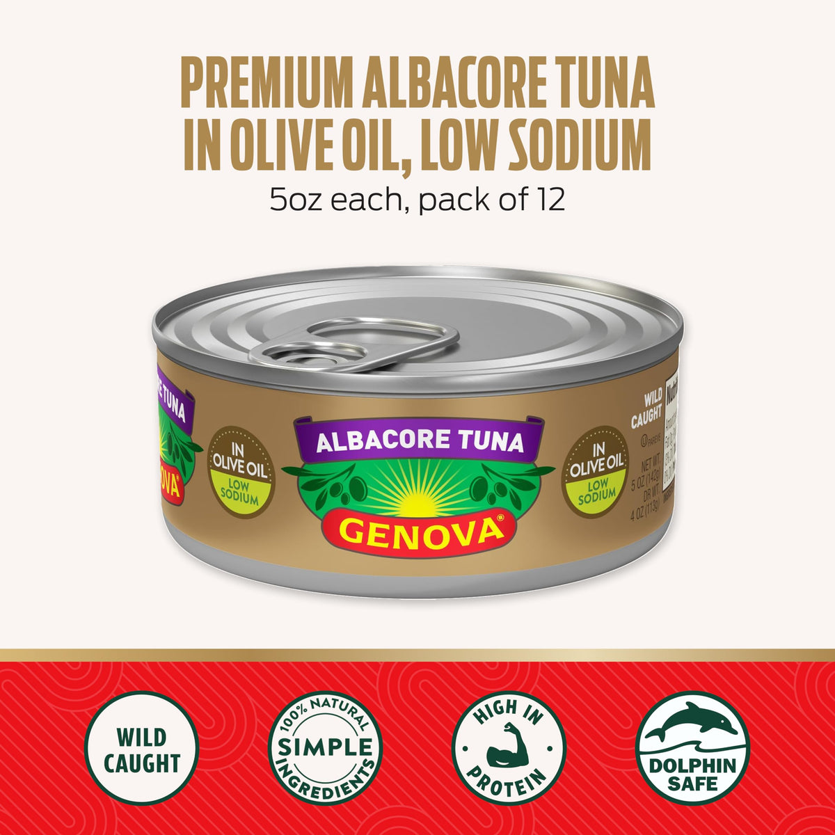 Genova Premium Albacore Tuna in Olive Oil – Low Sodium, Wild Caught, 5 oz Cans (Pack of 12)