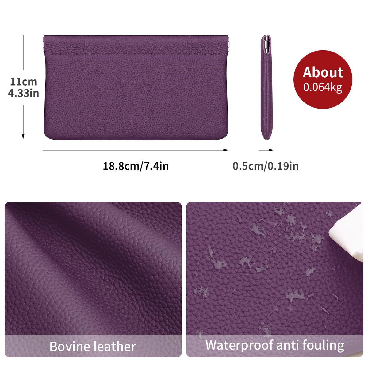 Genuine Leather Pocket Cosmetic Bag for Purse,Coin Purse Lipstick Cosmetic Accessories Travel Pouch for Storage Waterproof Portable No Zipper Self-closing Small Makeup Pouch (Purple)