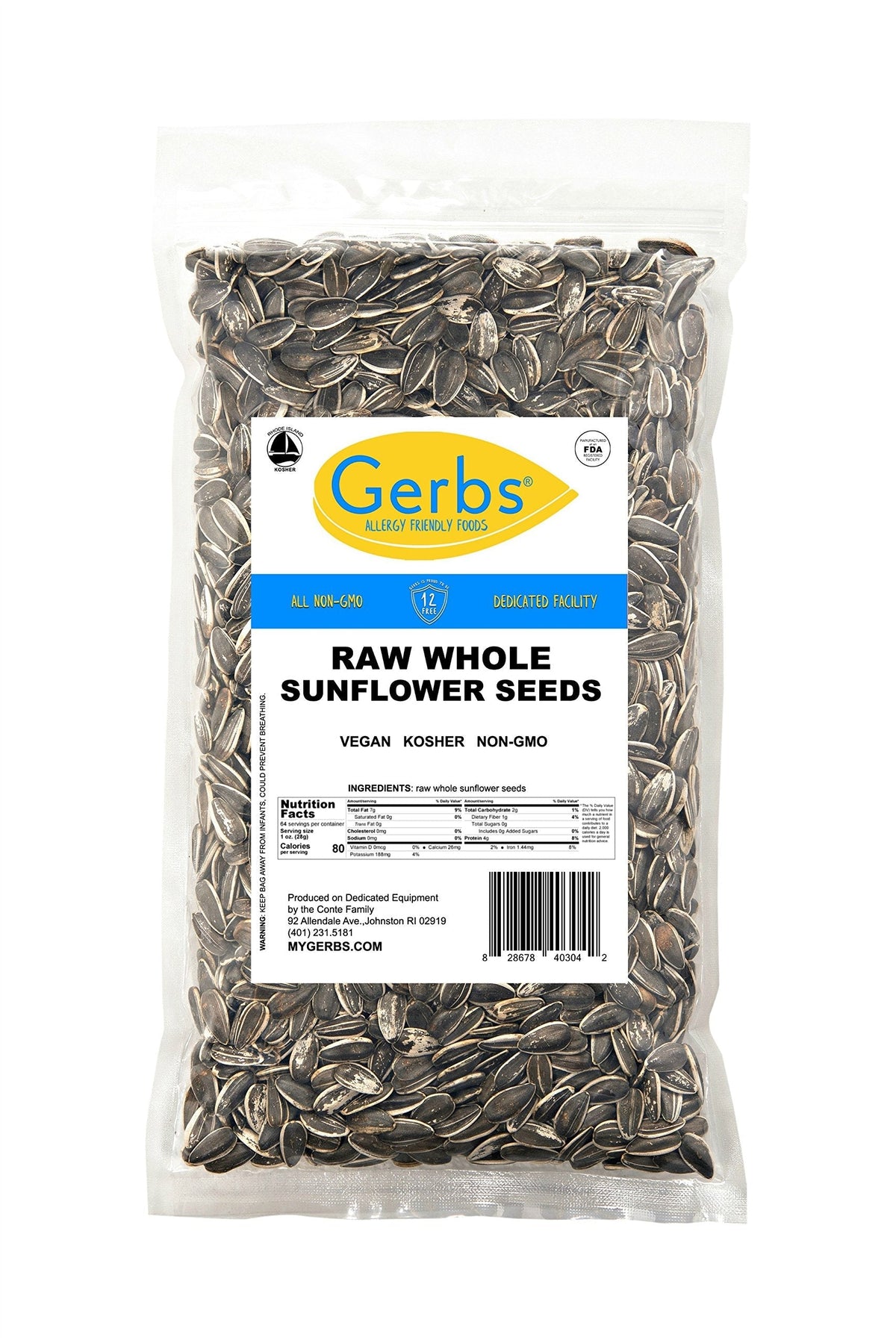 GERBS Raw Whole Sunflower Seeds 4 lbs – In-Shell, Allergen-Free, Resealable Bag