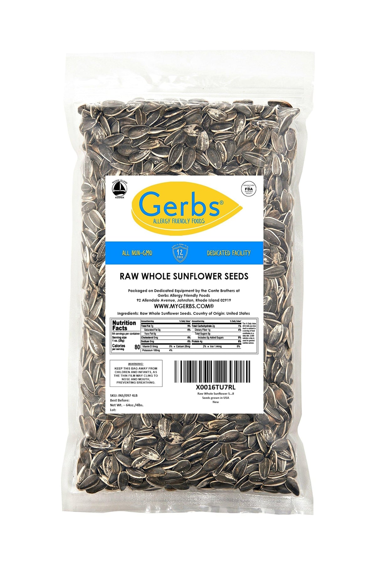 GERBS Raw Whole Sunflower Seeds 4 lbs – In-Shell, Allergen-Free, Resealable Bag