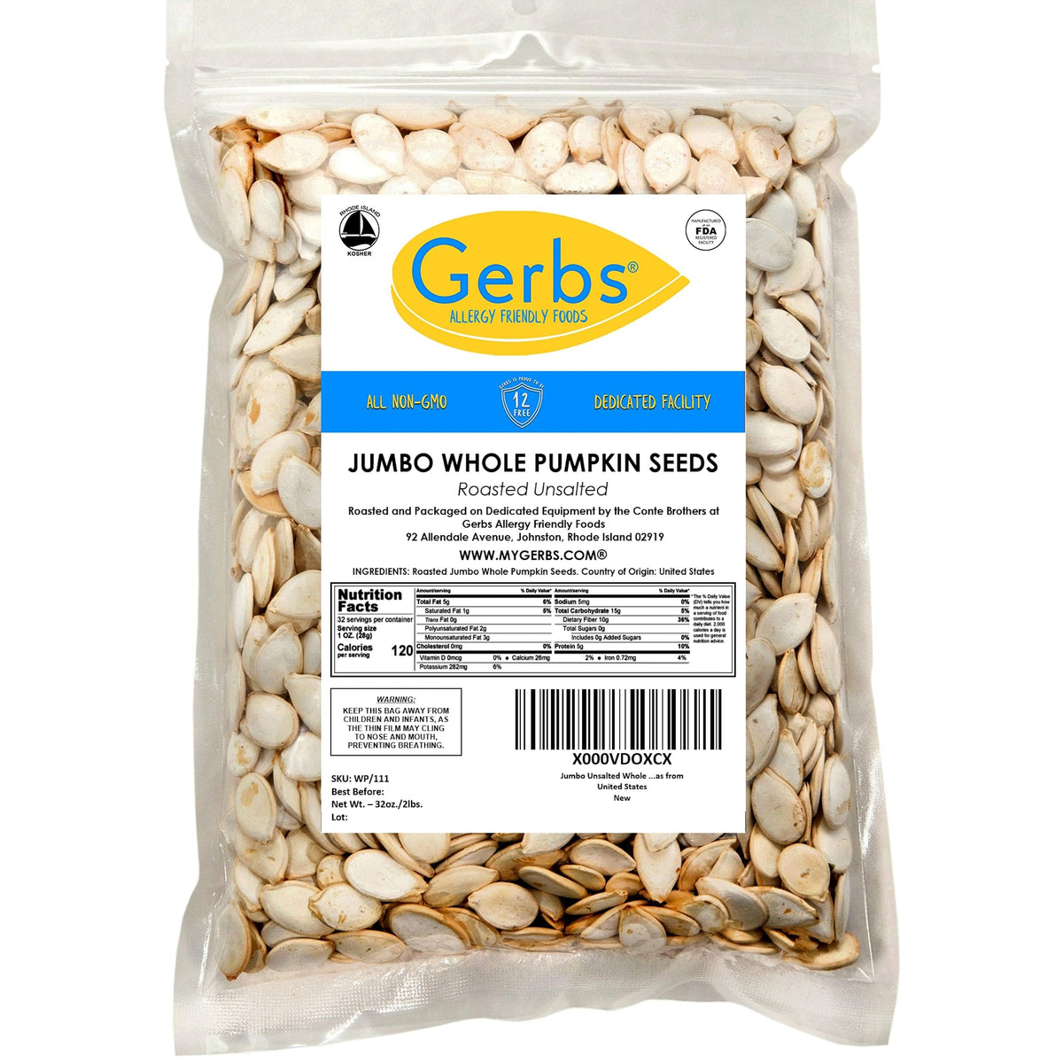 GERBS Roasted Unsalted Jumbo Pumpkin Seeds – 2 lbs, In-Shell 13-14 mm, Resealable Bag | Allergen-Free