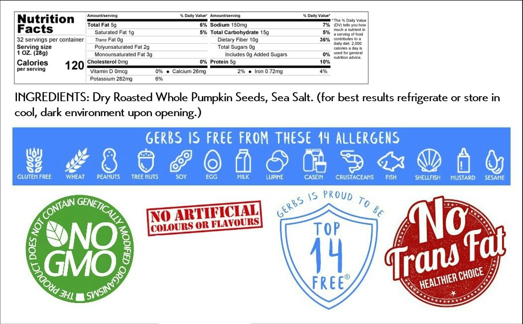 GERBS Lightly Sea Salted Pumpkin Seeds in Shell – 2 LBS, Allergen-Free, Non-GMO, Vegan & Kosher | Premium Whole Roasted Pepitas – Made in the USA