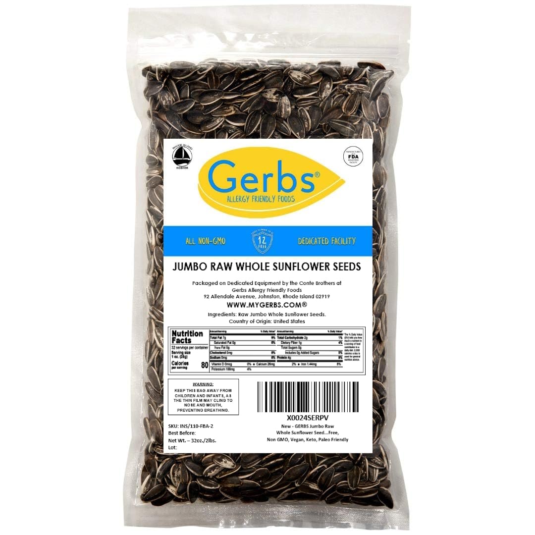 GERBS Jumbo Raw Whole Sunflower Seeds – 2 lbs, Shell-On, Allergen-Free