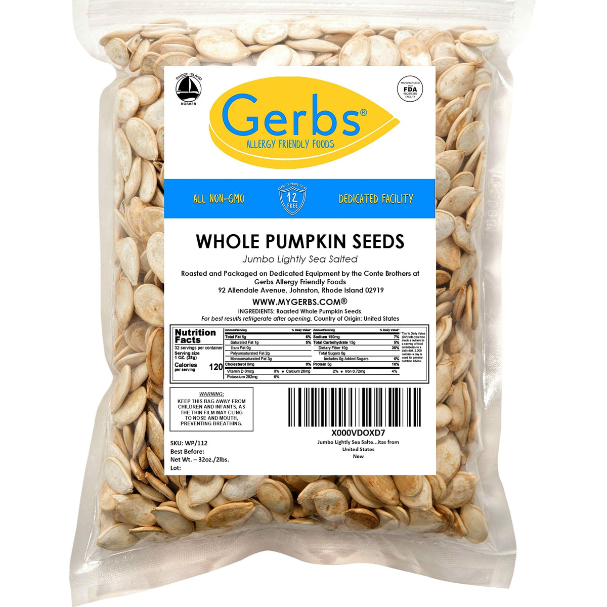 GERBS Jumbo Sea Salted Pumpkin Seeds in Shell – 2 LB, Allergen-Free & Non-GMO
