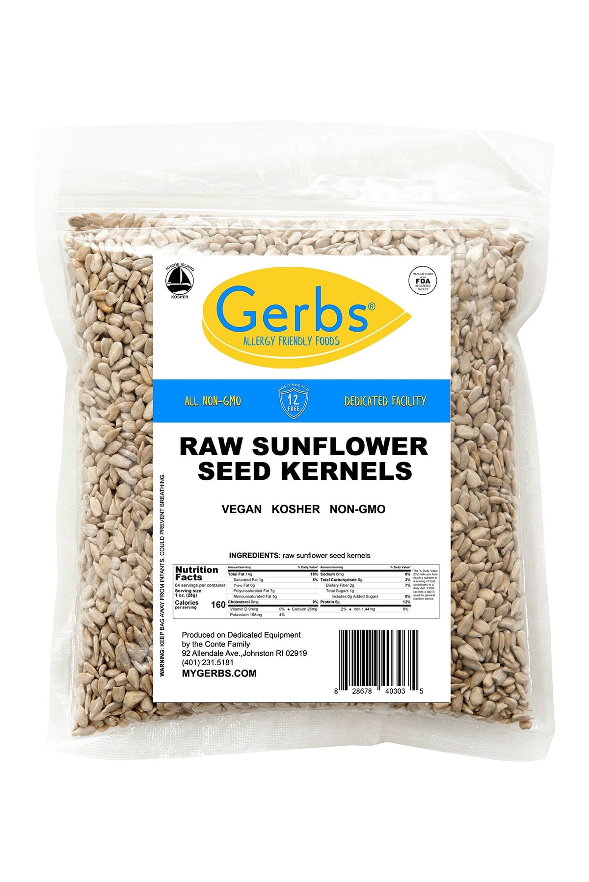 Gerbs Raw Sunflower Seed Kernels, 4 lb – Allergen-Free, Resealable Bag, Mild & Crunchy