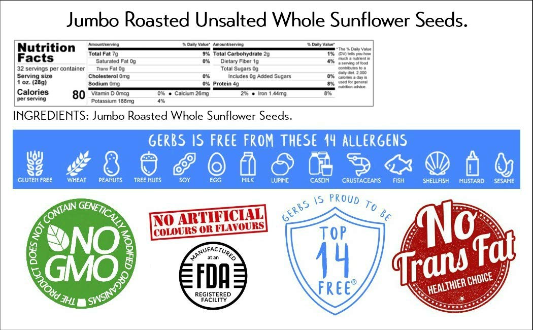 GERBS Jumbo Unsalted Sunflower Seeds in Shell – 2 LBS | Allergen-Free & Non-GMO