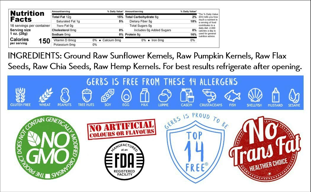 GERBS Super 5 Seed Meal 1 lb — Allergen-Free, No Additives, Resealable Bag