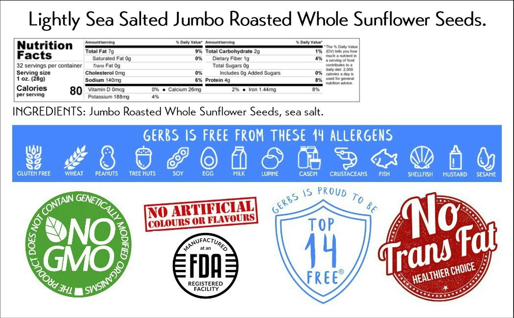 Gerbs Jumbo Sea Salted Sunflower Seeds – 2 LBS | Allergen-Free, Non-GMO, USA-Grown