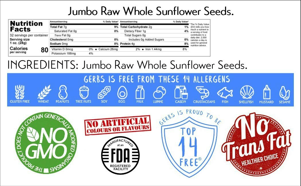 GERBS Jumbo Raw Whole Sunflower Seeds – 2 lbs, Shell-On, Allergen-Free