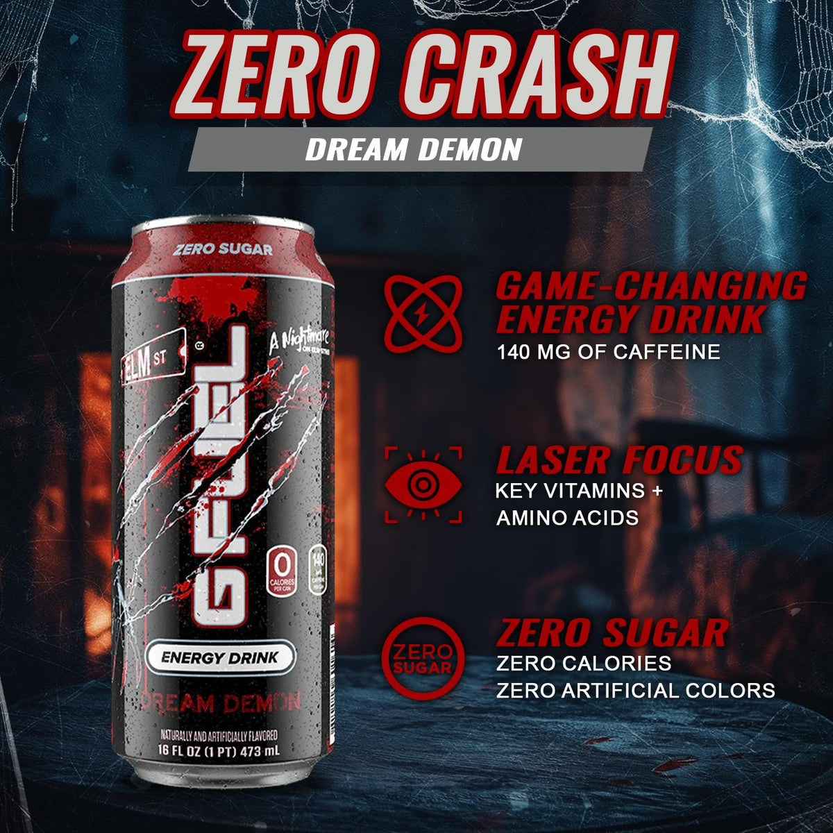 G Fuel Nightmare on Elm Street Energy Drink – Sugar Free, 140 mg Caffeine, Tart Fruit Punch, 16 oz Cans (12-Pack)
