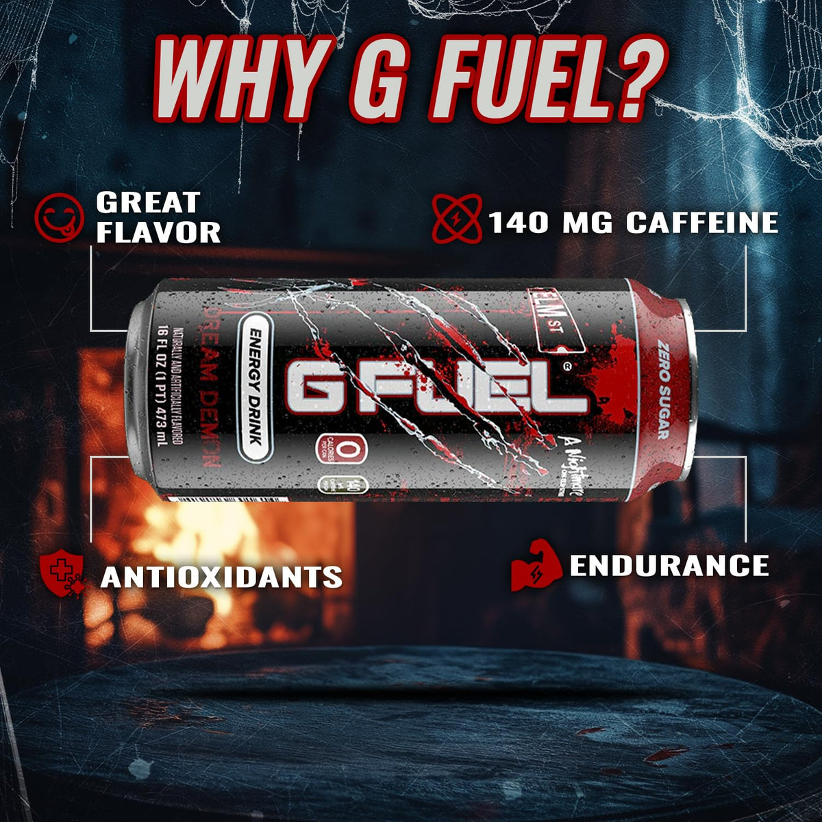 G Fuel Nightmare on Elm Street Energy Drink – Sugar Free, 140 mg Caffeine, Tart Fruit Punch, 16 oz Cans (12-Pack)