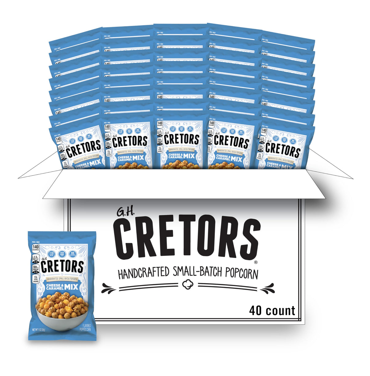 G.H. Cretors Cheese & Caramel Popcorn Mix – 40 Pack of 1oz Bags | Gluten Free, Kosher, Small-Batch Handmade