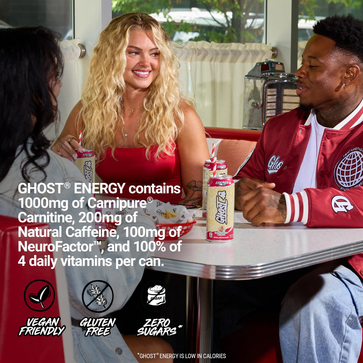 GHOST Energy Drink Raspberry Cream – 16oz Cans (12-Pack) – 200mg Caffeine, L-Carnitine & Taurine – Vegan & Gluten-Free