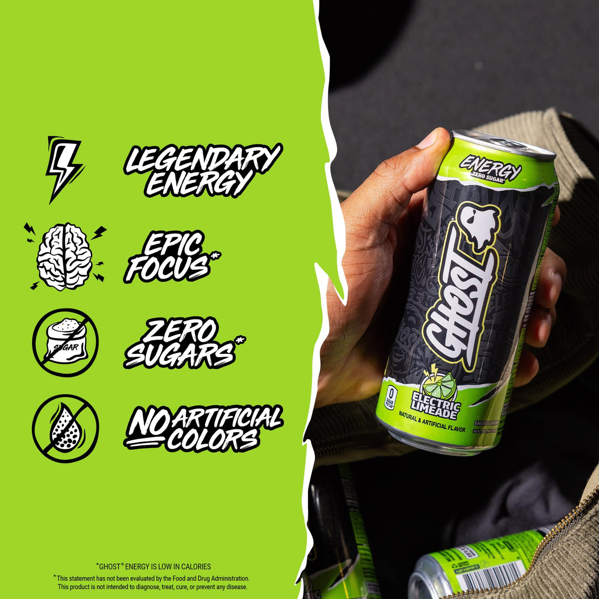 GHOST Energy Drink - 12-Pack Electric Limeade | 200mg Natural Caffeine, L-Carnitine & Taurine