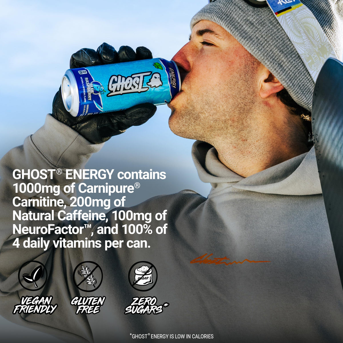 GHOST Energy Drink - 12-Pack Blue Raspberry, 16oz Cans | 200mg Natural Caffeine, Focus & No Artificial Colors