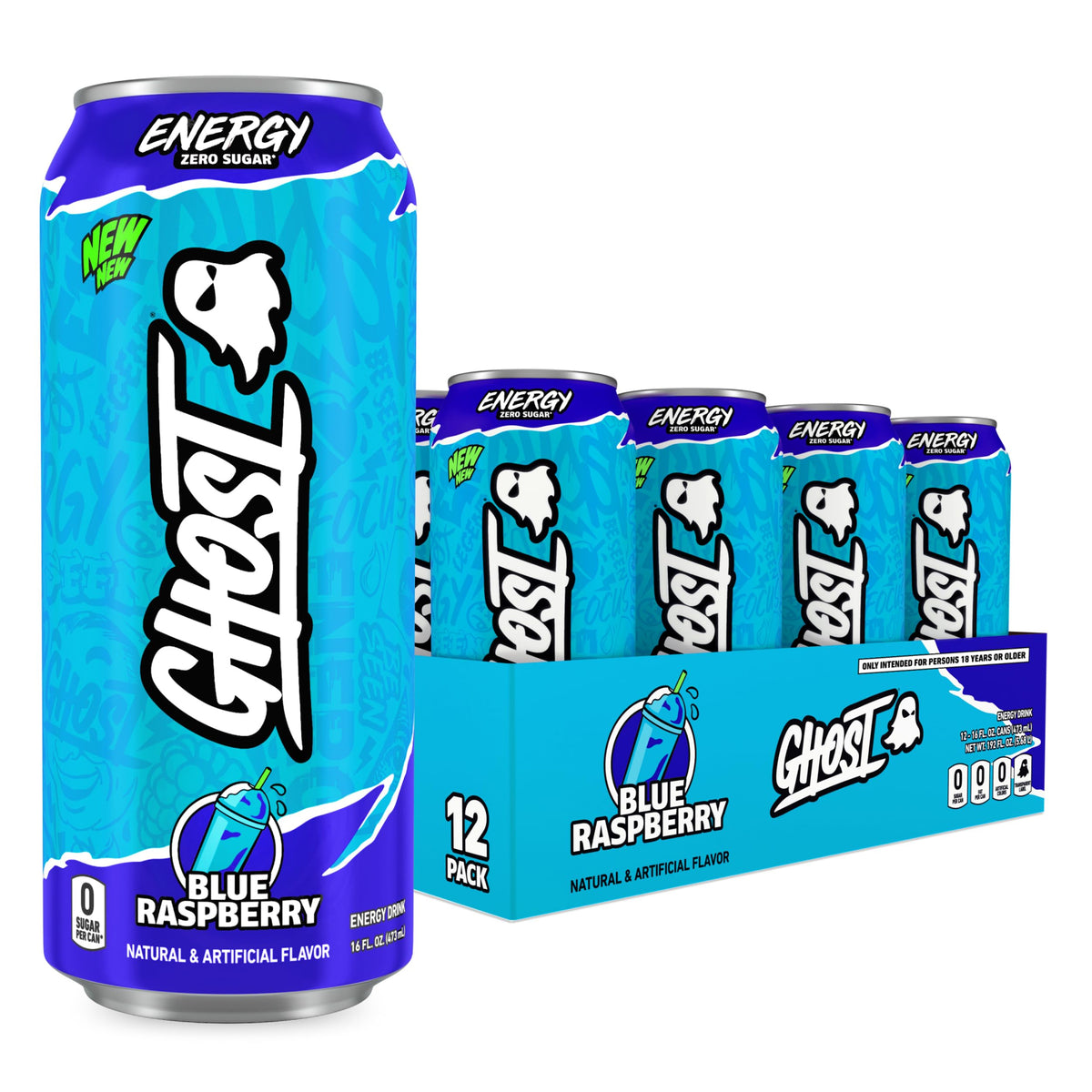 GHOST Energy Drink - 12-Pack Blue Raspberry, 16oz Cans | 200mg Natural Caffeine, Focus & No Artificial Colors