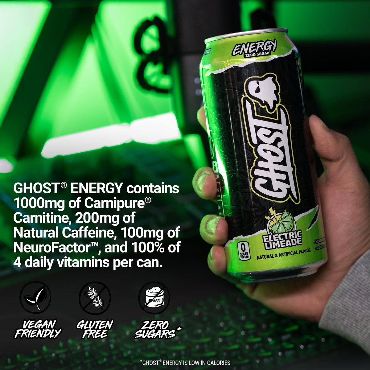 GHOST Energy Drink - 12-Pack Electric Limeade | 200mg Natural Caffeine, L-Carnitine & Taurine