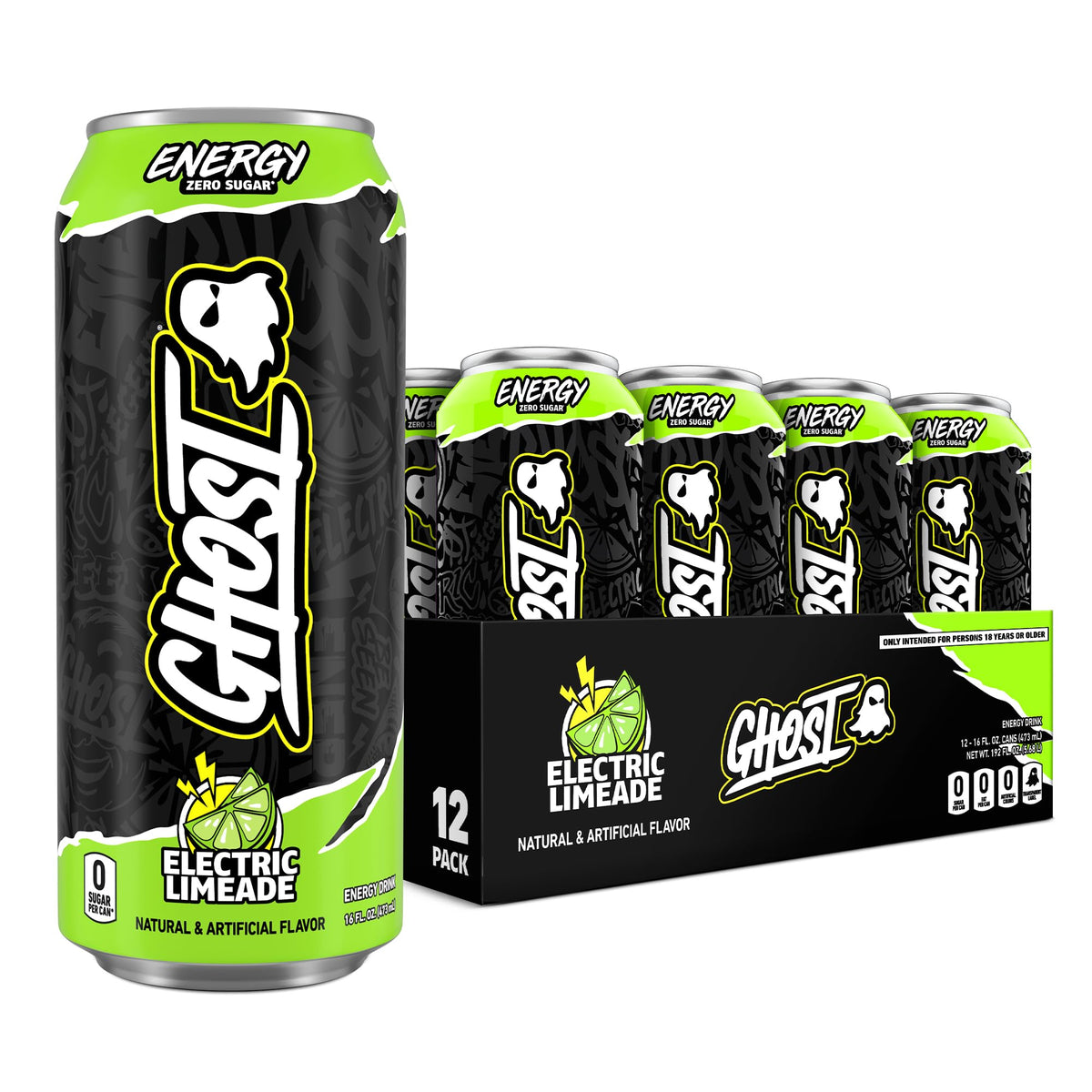 GHOST Energy Drink - 12-Pack Electric Limeade | 200mg Natural Caffeine, L-Carnitine & Taurine